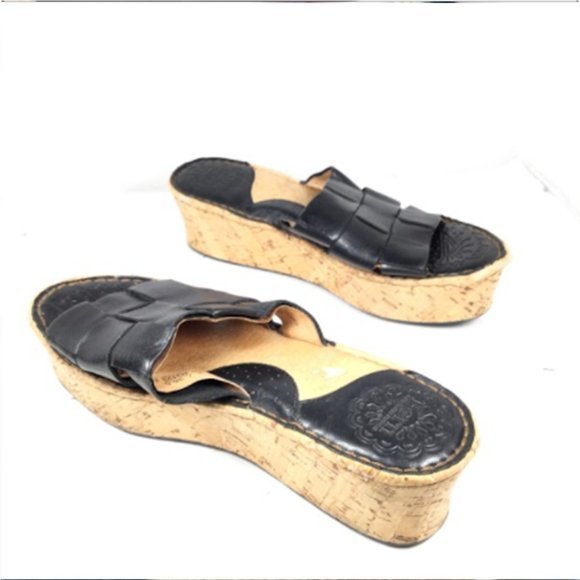 Born Women's Wedge Cork Sandals Slip-On Leather Open Toe Black Size 6 - Picture 5 of 12